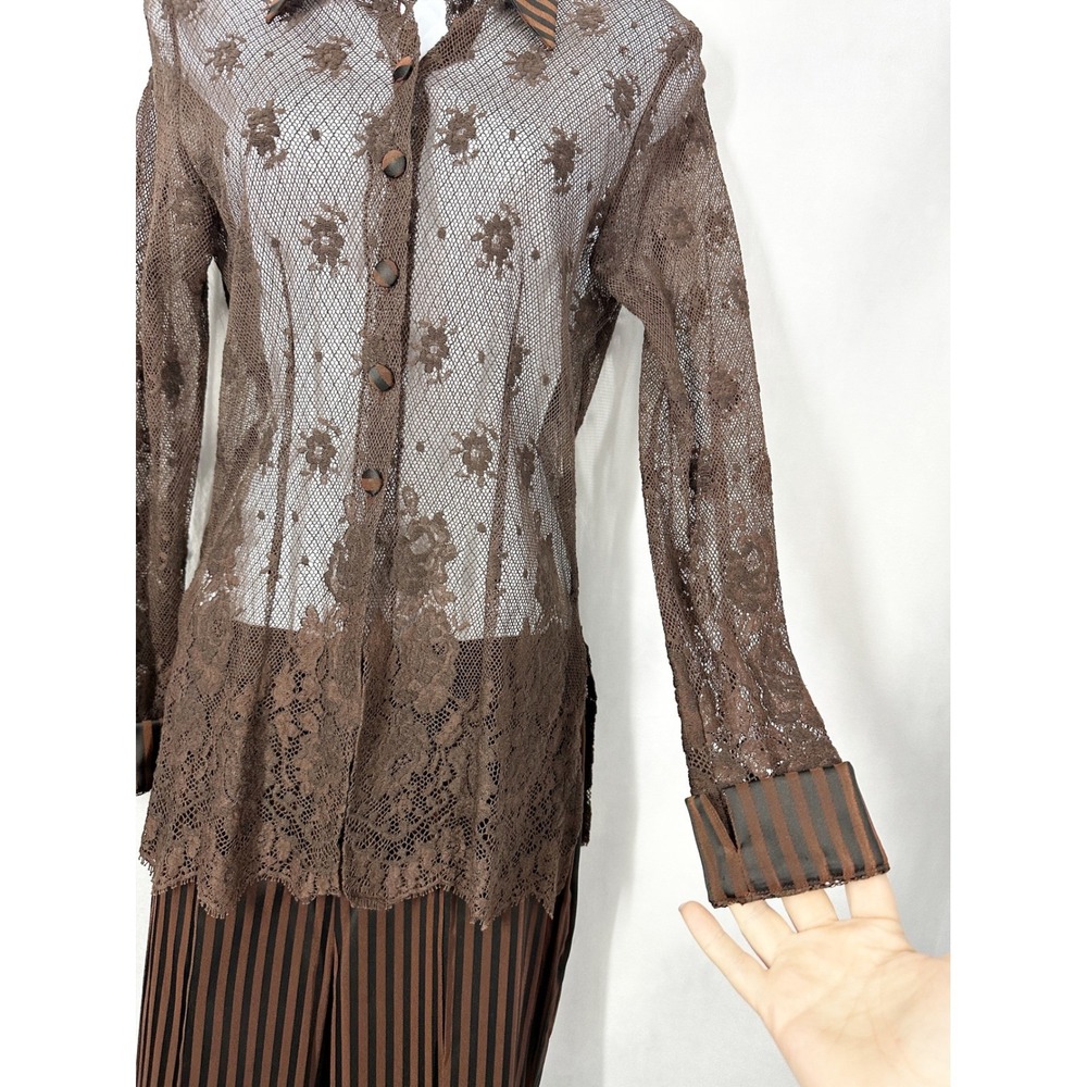 Bleu Blanc Rouge Set Brown Long Sleeve Lace Top Striped Brown Pants US Size 2 - Picture 4 of 12